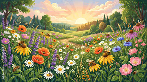 A vibrant wildflower meadow with bees buzzing among colorful blossoms at sunrise. Lush nature landscape with blooming flowers and a golden warm sky for nature and eco-friendly projects.
