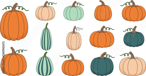 Quadro su tela A large vector collection of various pumpkin and squash gourds in fall colors, including striped, bumpy, smooth, and oddly-shaped varieties, perfect for Thanksgiving and Halloween designs
