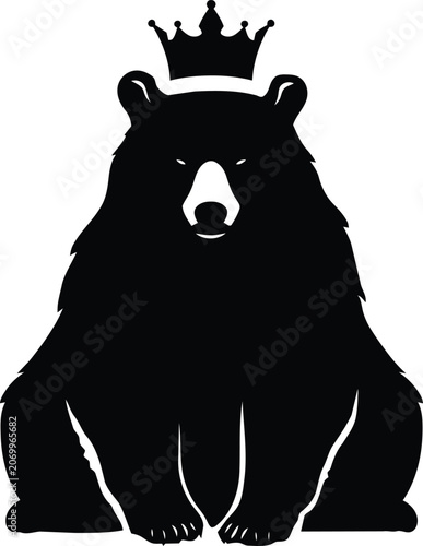 Majestic black bear sitting with a royal crown silhouette.