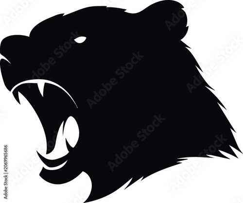 Roaring bear head silhouette vector illustration of an aggressive grizzly bear logo.