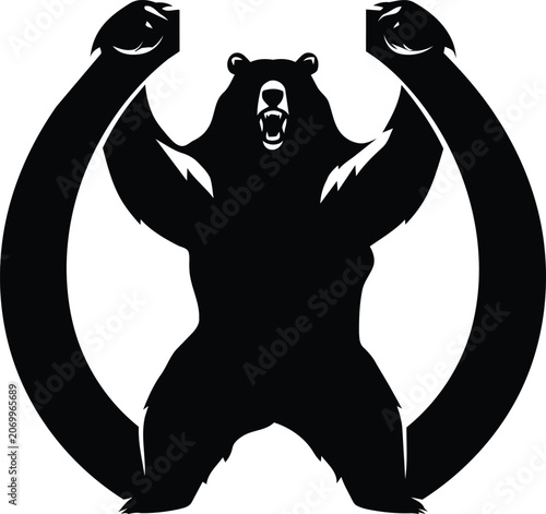 Roaring Bear Silhouette Framed by Upward Horseshoes.