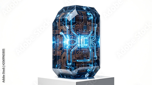 Isolated Futuristic Crystal with Integrated Microchip Technology Glowing Blue