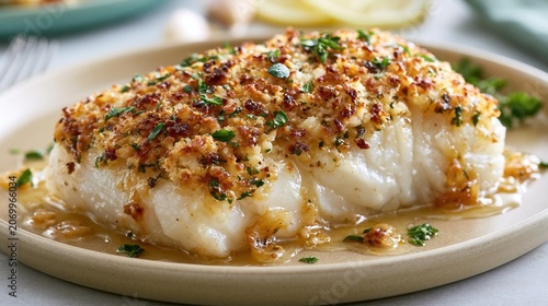aked white fish fillet with a crispy herb crust and savory sauce