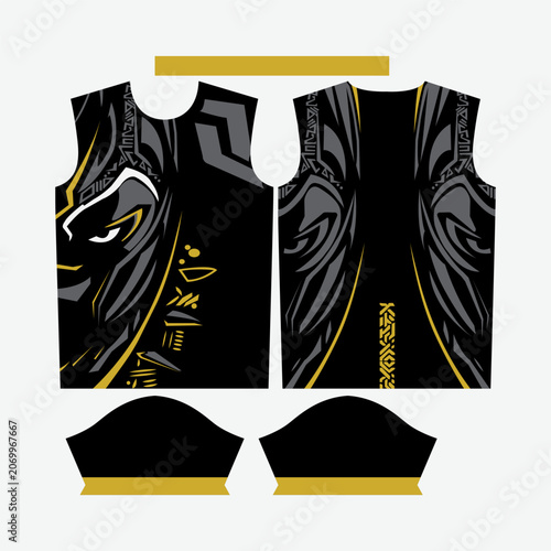 Premium Black Panther Inspired Sports Jersey Vector Template with Aggressive Superhero Mascot Tribal Pattern and Gold Accents for Esports, Soccer, and Team Apparel Kit
