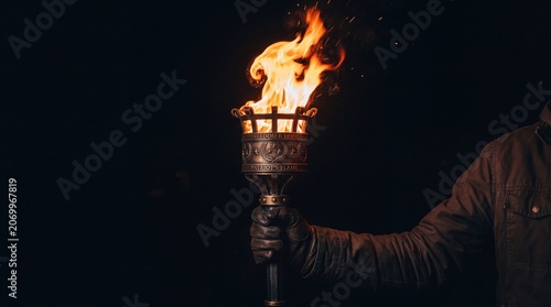 Person holding a torch with flame representing freedom and hope in darkness
