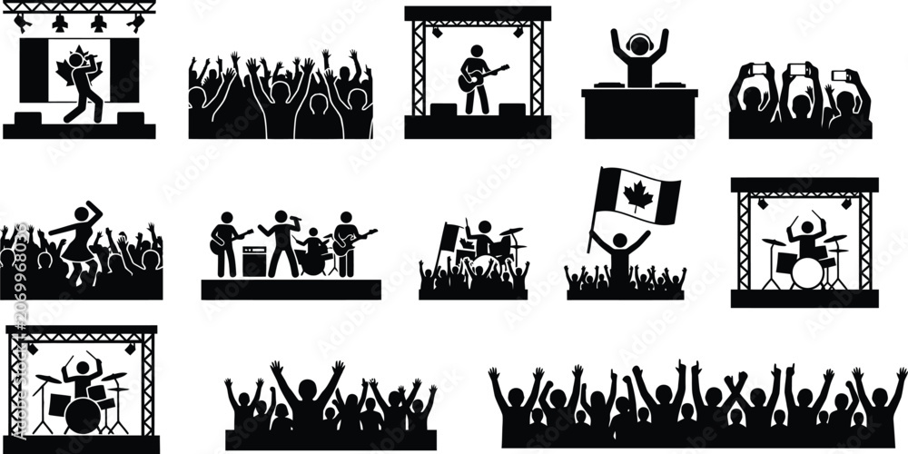 Fototapeta premium Canada day celebration icons with silhouettes of people musicians