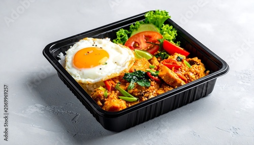 A square black container holds a meal with rice, sunny-side-up egg, vegetables and an orange-colored stew, over a gray background