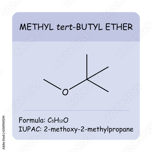 Fotografie Methyl tert-butyl ether (MTBE) molecular structure with formula and IUPAC name
