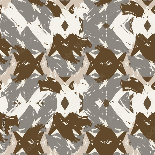 Abstract geometric seamless pattern featuring expressive brush strokes, ikat shapes, and textured argyle diamonds in neutral earthy tones.