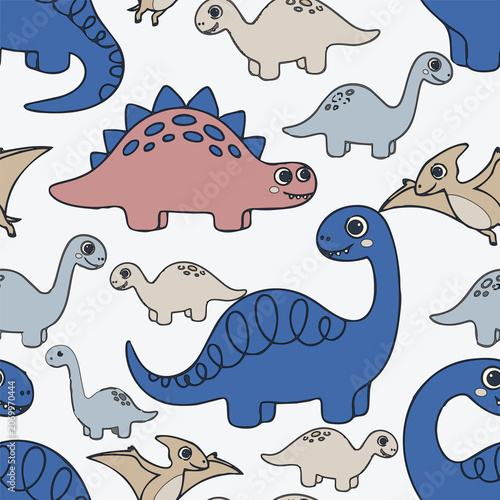Adorable seamless pattern featuring hand-drawn cartoon dinosaurs like diplodocus and pterodactyl in soft blue, pink, and neutral tones for kids.