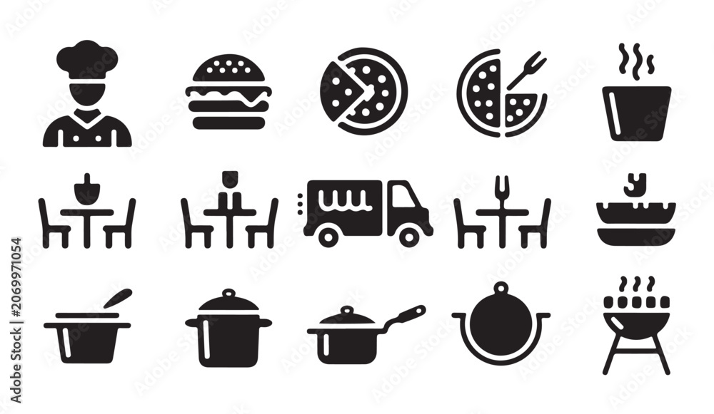 Fototapeta premium Catering and restaurant icons set, glyph style. food service elements, chef, pizza, dinner.