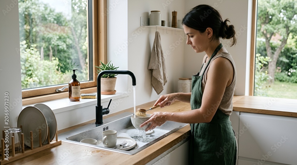 Obraz premium Woman Washing Dishes in Bright Modern Kitchen