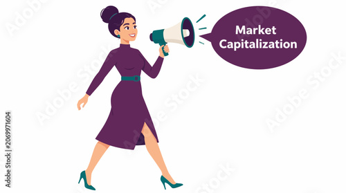 Businesswoman announcing market capitalization concept.