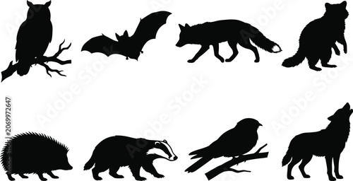 Canvas Print Wild Animal Silhouette Collection with Owl Bat Fox Wolf and Birds