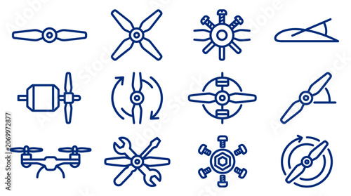 Foto Collection of various drone propeller icons in blue line style