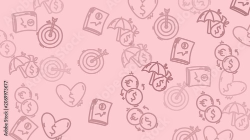 Pink background with money coin hearts, target symbols, umbrella financial icons. Suitable for finance, investment, banking, and insurance concepts.