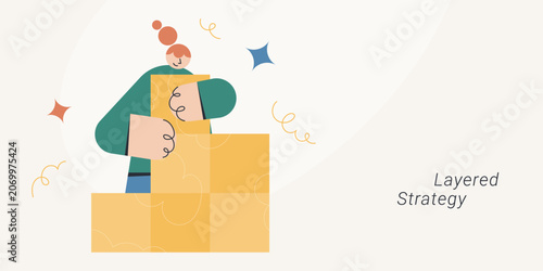 Obraz na plátně Flat design illustration of a person carefully stacking yellow blocks into a layered pyramid, representing layered strategy and structured planning