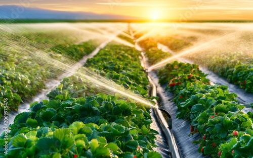 Modern Irrigation Sprinkler System Operating in California Fields at Sunset