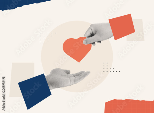 Trendy Halftone Collage of two hands giving and receiving a heart symbol, representing support and care. Perfect for charity, healthcare, mental health, CSR, and community wellbeing content.
