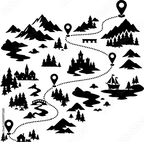 Black and White Silhouette Fantasy Adventure Map Vector with Mountains Castle Forests and Location Markers