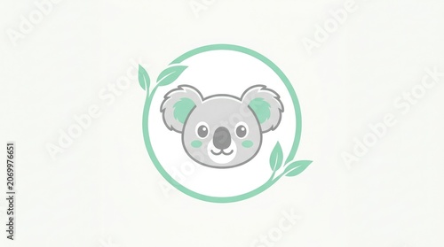 A cheerful illustration of a smiling koala head inside a green circle with leaves
