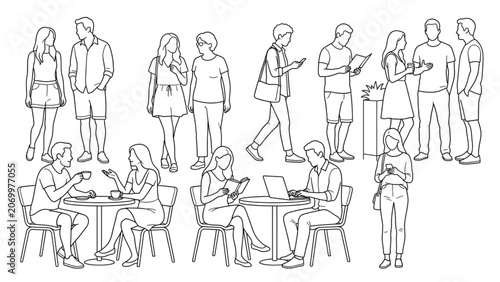 Monochrome Café Entourage Vector Set with Outdoor Diners, Conversation Poses and Architectural CAD People