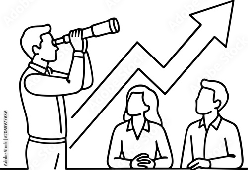 Bild auf Leinwand Businessman with telescope looking at upward trend arrow, team observing growth