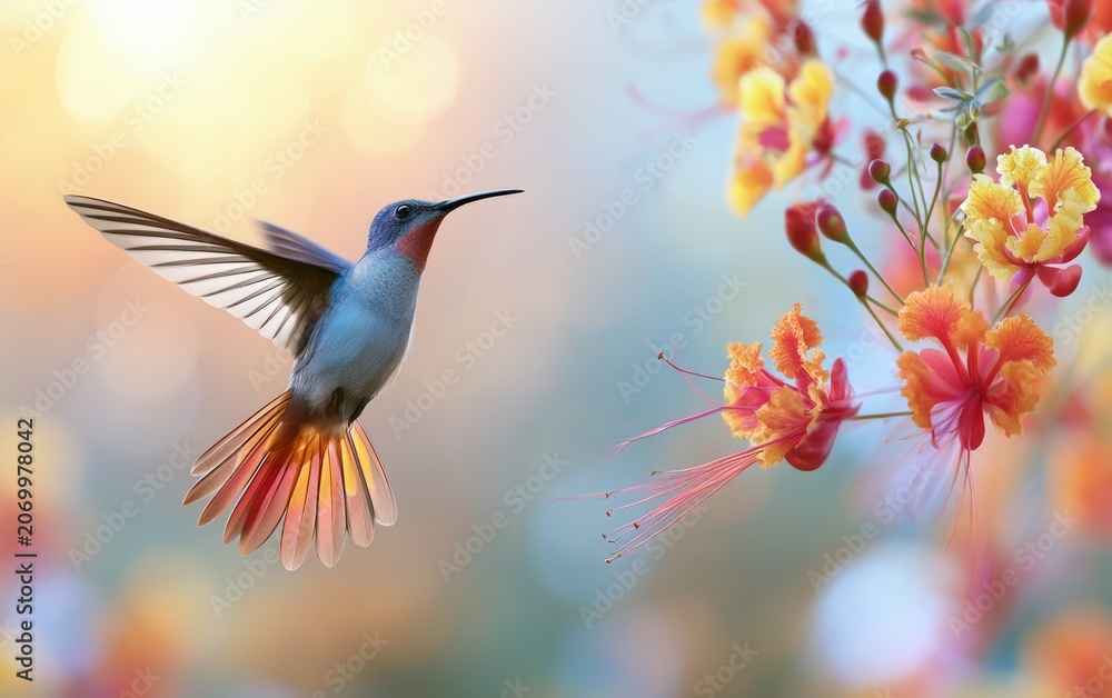 Fototapeta premium Vibrant Hummingbird Hovering Gracefully Beside Colorful Blossoms in Enchanting Garden Setting