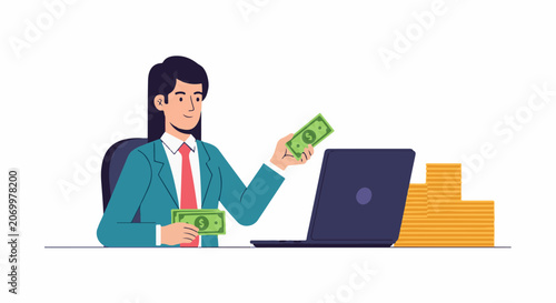 Person in suit at desk with laptop, holding cash, stack of coins nearby