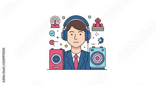 Person wearing headphones, surrounded by audio equipment and symbols of communication and analysis