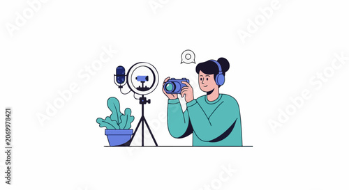 Person with headphones records with camera and microphone, has plant