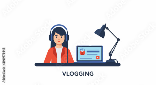Person with headphones sits at a desk with a laptop, lamp, and microphone, ready to record a video