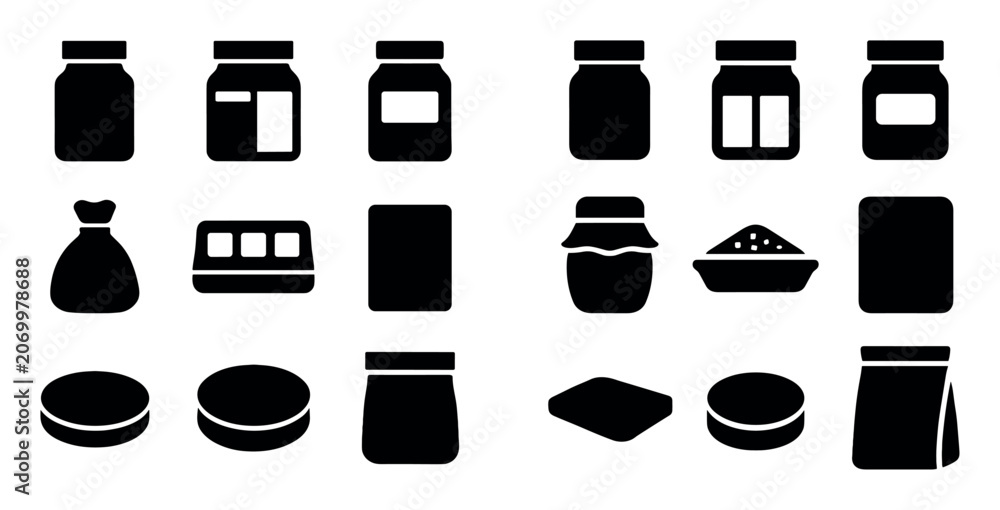 Fototapeta premium Packaging and container design icons with jars, bags and blister packs for web product display in solid silhouette style
