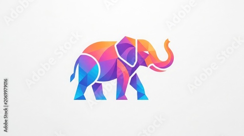 Vibrant elephant logo with geometric shapes standing on plain background