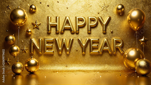Luxurious Golden 3D Happy New Year Greeting with Festive Ornaments and Stars