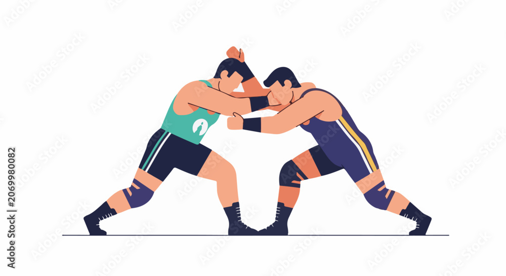 Obraz premium Two wrestlers in a competitive stance