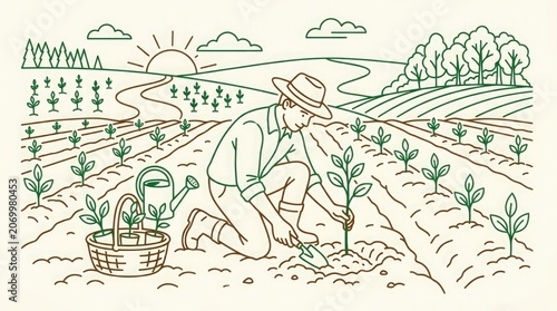 Farmer managing irrigation system efficiently in a sunny agricultural field with plants
