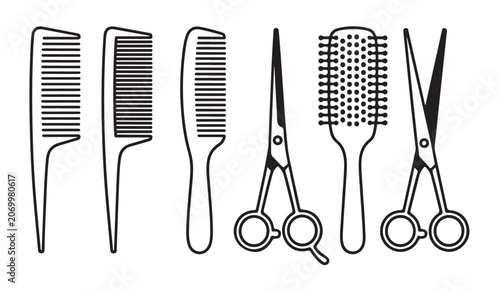 Slika na platnu Hairdressing tools outline icons set including various combs, hairbrush, and scissors