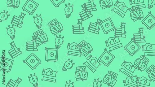 Green background money lightbulb stack vault bank icons pattern with dark outlines. Suitable for finance, banking, investment, and savings concepts.