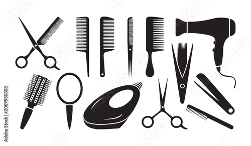 Slika na platnu Hairdressing tools silhouette icons set including hairdryer, combs, brushes, and scissors