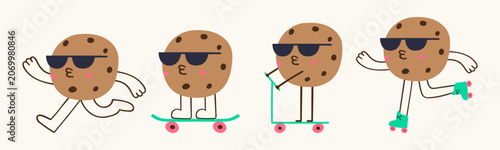 Cute cookie characters colorful flat set funny summer sports activity mascots