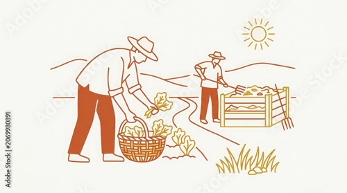 Farmers collecting harvest in a sunny field with baskets and tools nearby outside