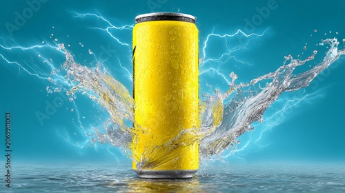 Yellow energy drink can with water splash and lightning effect. Refreshing beverage marketing concept. Dynamic advertisement for carbonated soda with power, hydration and thrill.