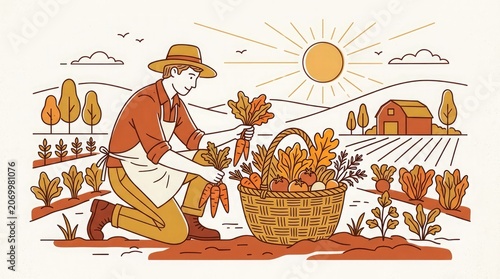 Man harvests autumn leaves in a field with a basket nearby on a sunny day