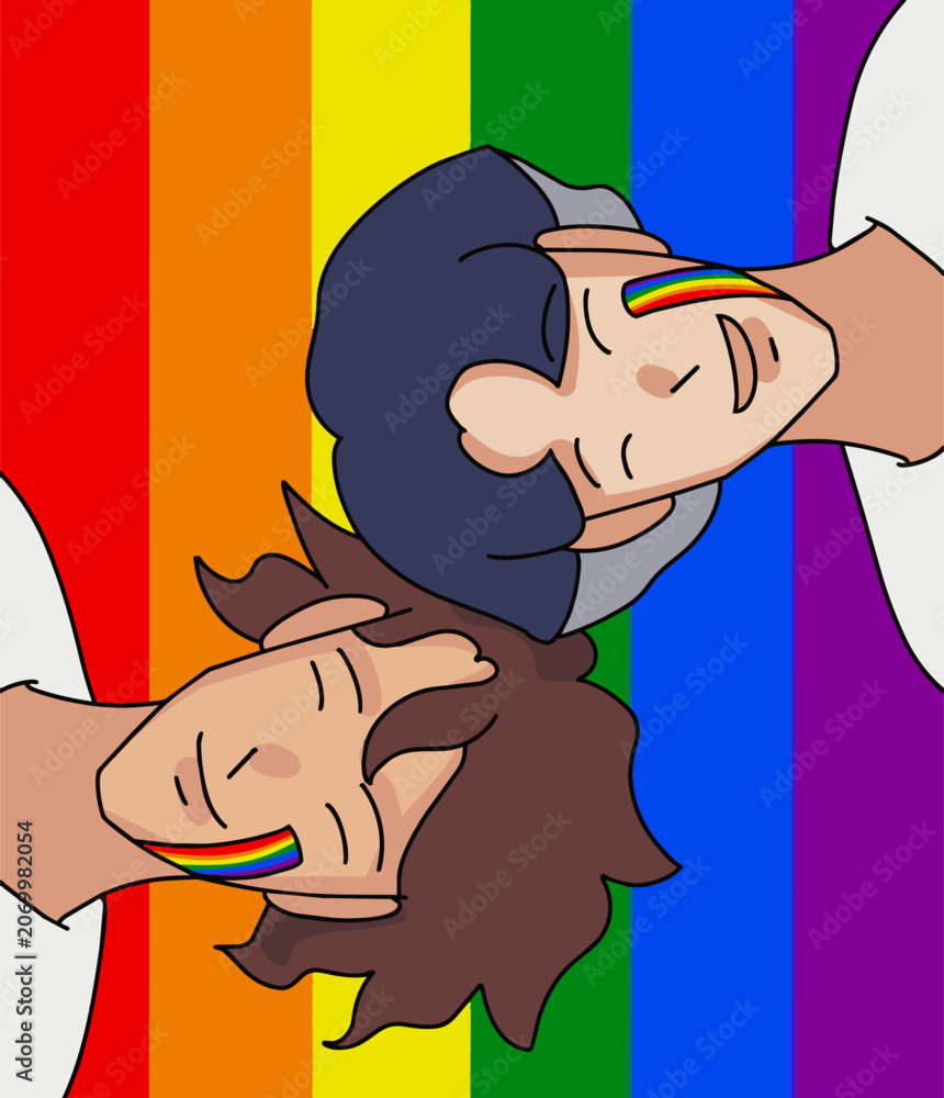 Fototapeta premium Two happy people posed head-to-head against a rainbow pride background, expressing friendship, love, solidarity, and LGBTQ+ pride.