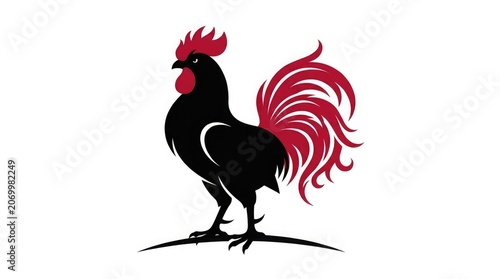 A proud rooster stands on a hill showcasing its vibrant red comb and tail feathers.
