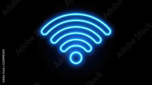 A glowing blue Wifi icon represents advanced technology in a dark environment with a standard design style.