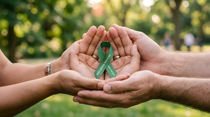 Hands holding green awareness ribbon for mental health and environmental causes in nature