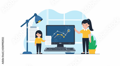 Two women discuss a line graph on a computer