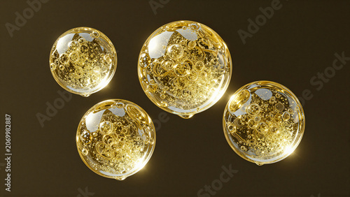 Captivating golden fluid spheres with internal bubbles on a dark, glossy surface, highlighting transparency and rich texture